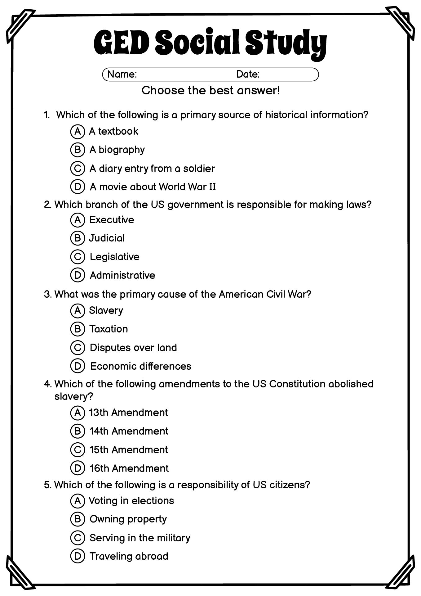 Free Ged Math Printable Worksheets