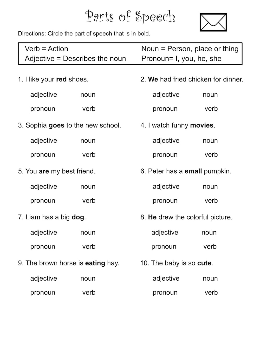 1st Through 3rd Grade parts Of Speech worksheets verbs nouns adjectives pronouns printable Etsy