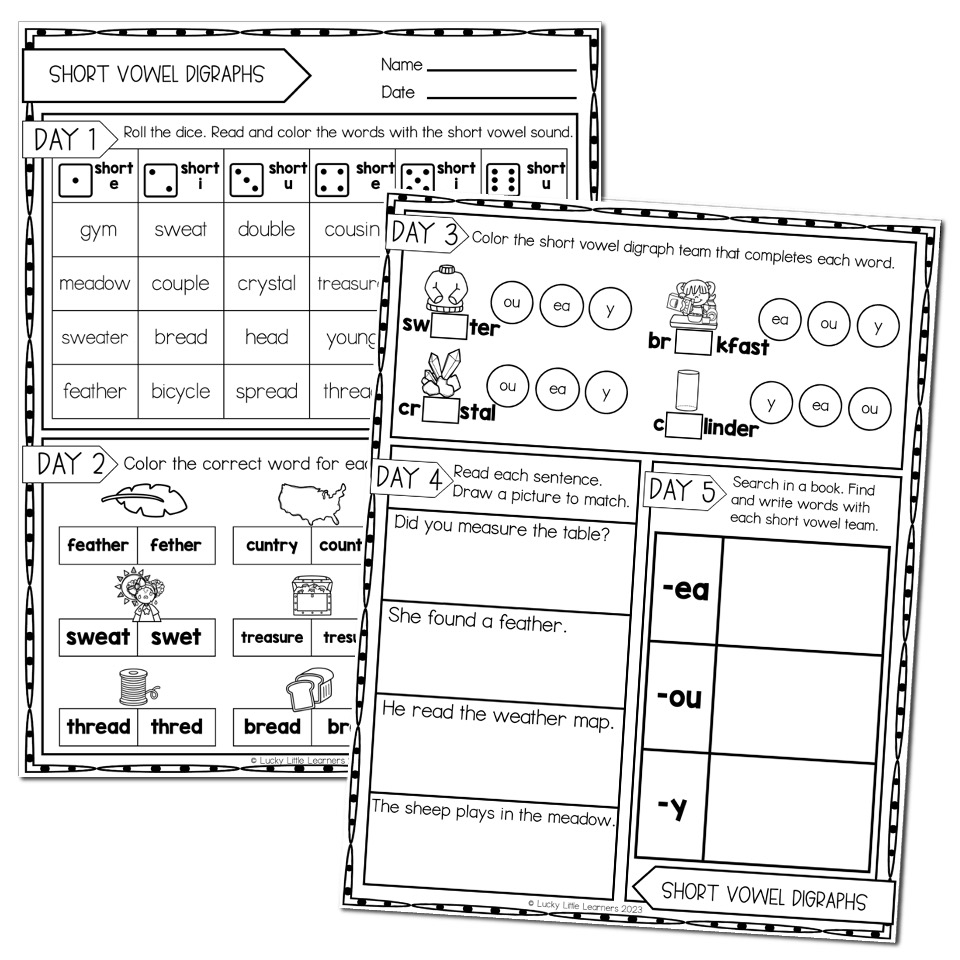 2nd Grade Phonics Worksheets Short Vowel Digraphs Lucky Little 