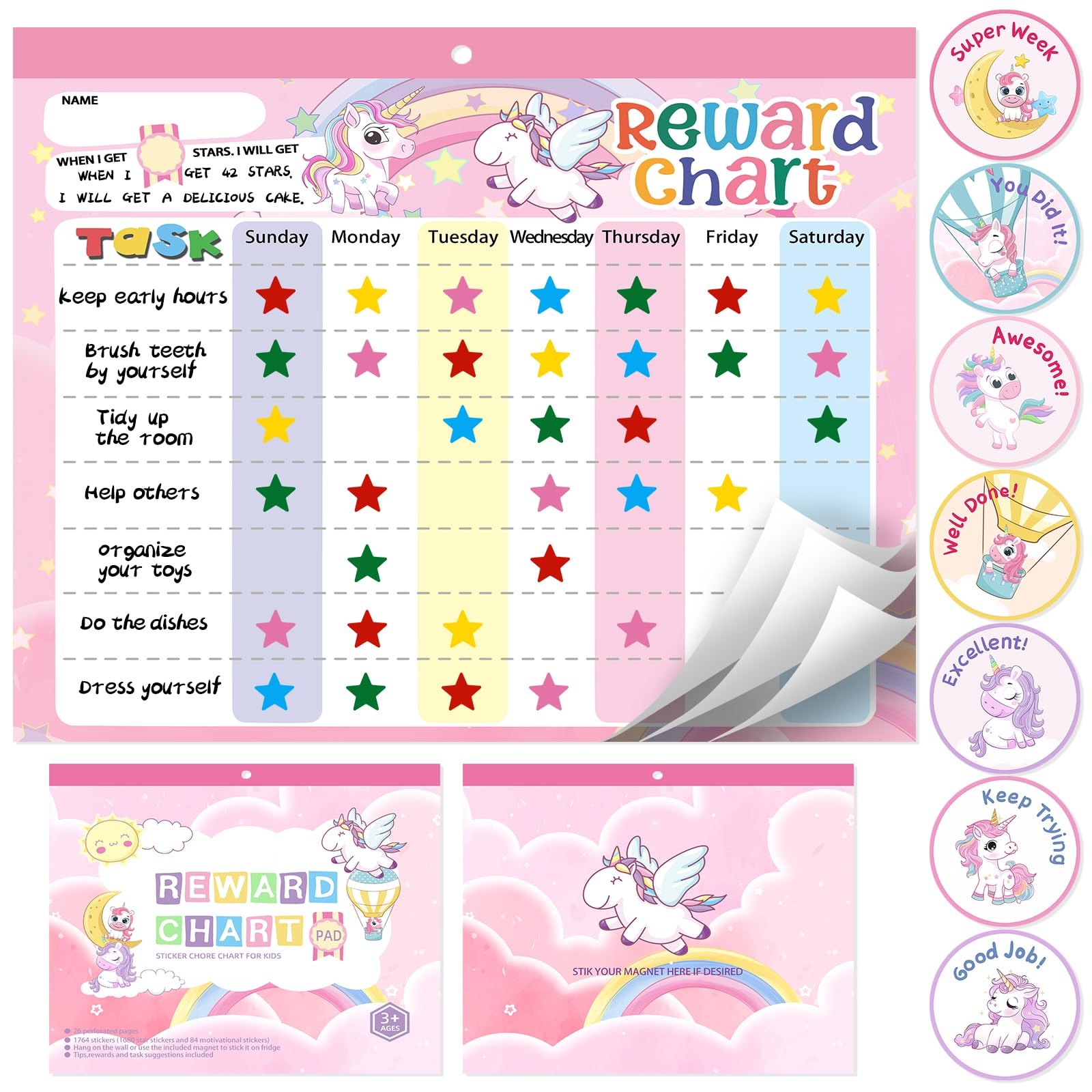 Amazon Magnetic Reward Chart For Kids At Home Behavior Chart Pad With 26 Chore Charts 1680 Star Stickers 84 Motivational Stickers To Develop Responsibility U0026 Good Habits Unicorn Office Products