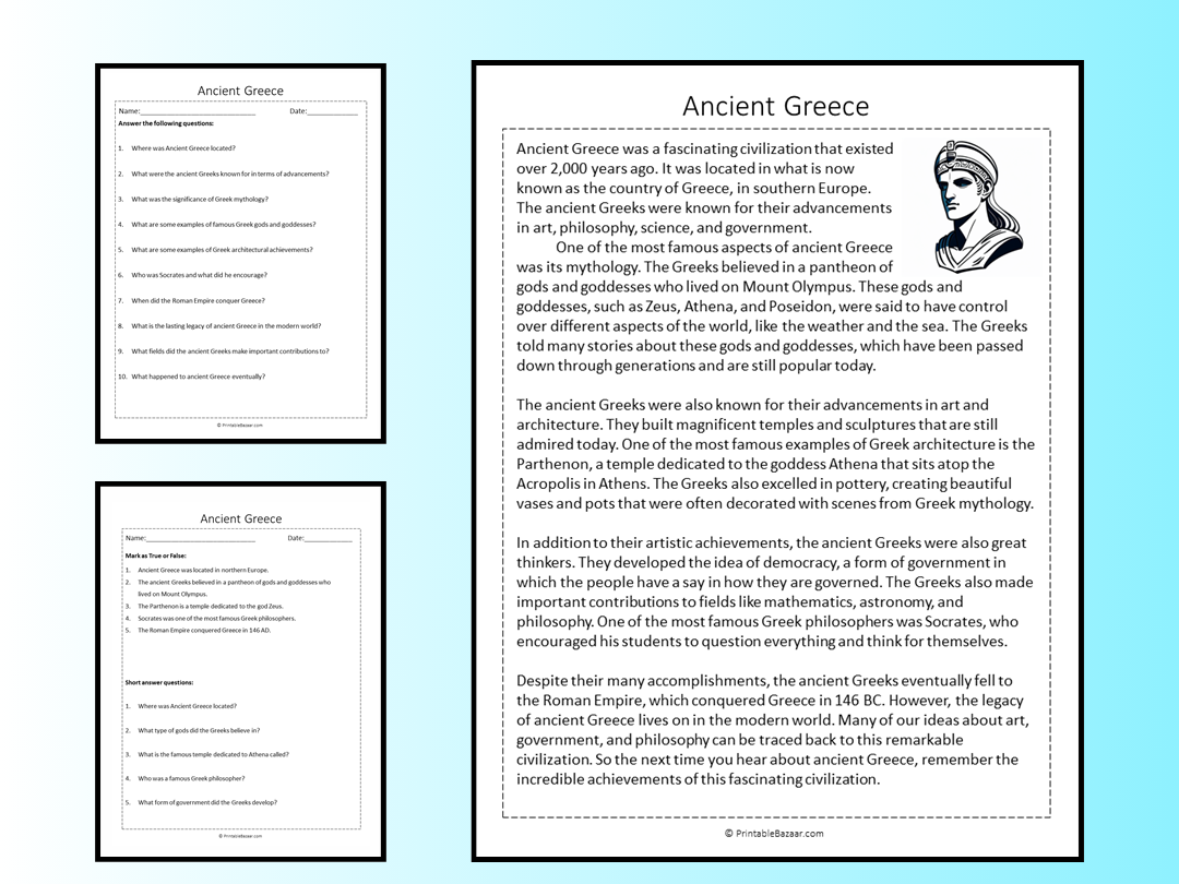 Ancient Greece Reading Comprehension Passage Printable Worksheet Ancient Greece Reading Comprehension Passage Printable Worksheet