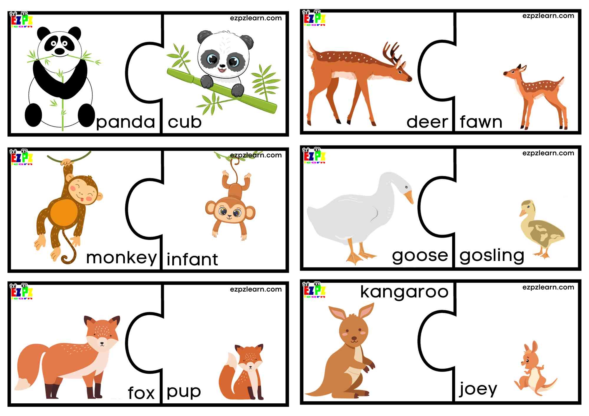Animals And Their Young Puzzle Match Game 3 For Preschool Kindergarten And English Language Learners Free Printable PDF Ezpzlearn