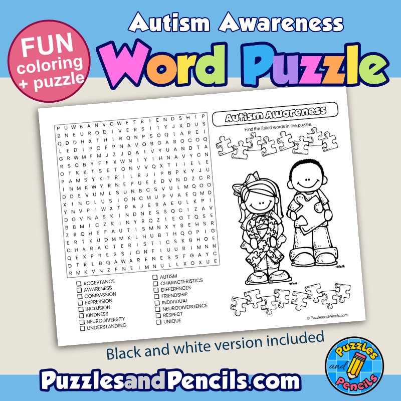 Autism Awareness Word Search Puzzle Activity Page And Coloring Wordsearch