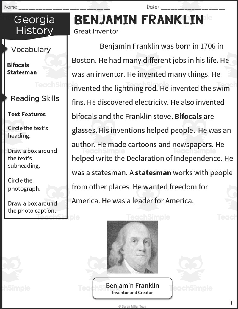 Benjamin Franklin History Packet Nonfiction Reading