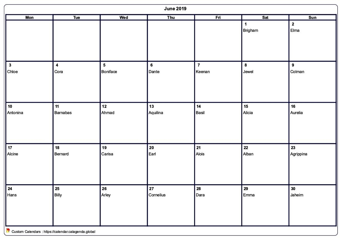 Calendar June 2019 To Print Blank