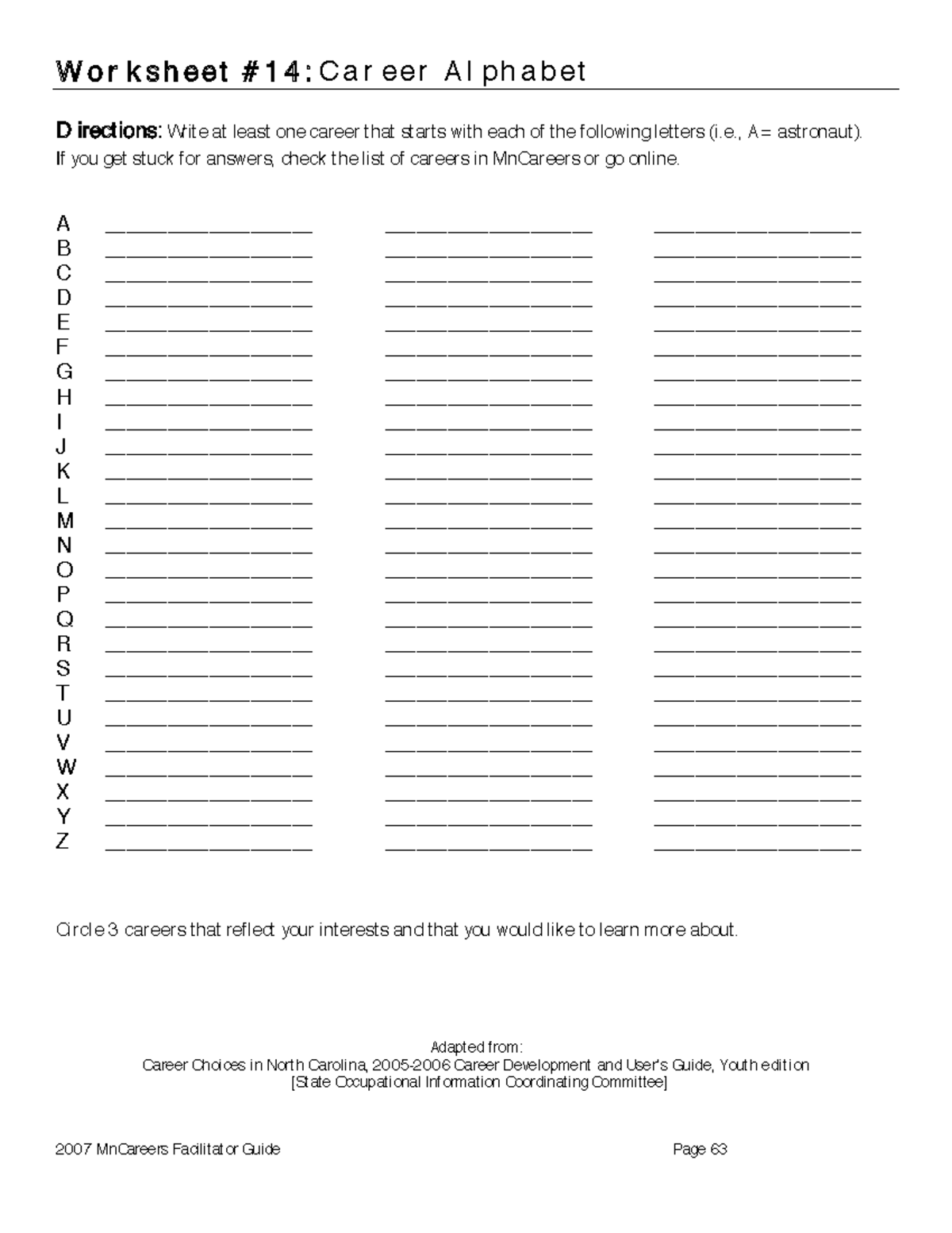 Career Alphabet Worksheet Fillable 1 2007 MnCareers Facilitator Guide Page 63 W O R K S H Eet 1 Studocu Career Alphabet Worksheet Fillable 1 2007 MnCareers Facilitator Guide Page 63 W O R K S H Eet 1 Studocu