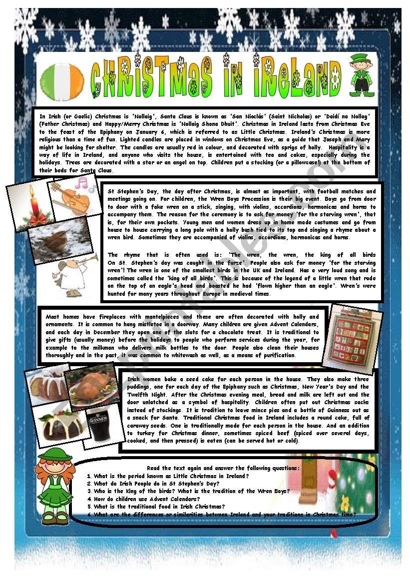 CHRISTMAS AROUND THE WORLD PART 7 IRELAND Bu0026W VERSION INCLUDED READING COMPREHENSION ESL Worksheet By AGUILA