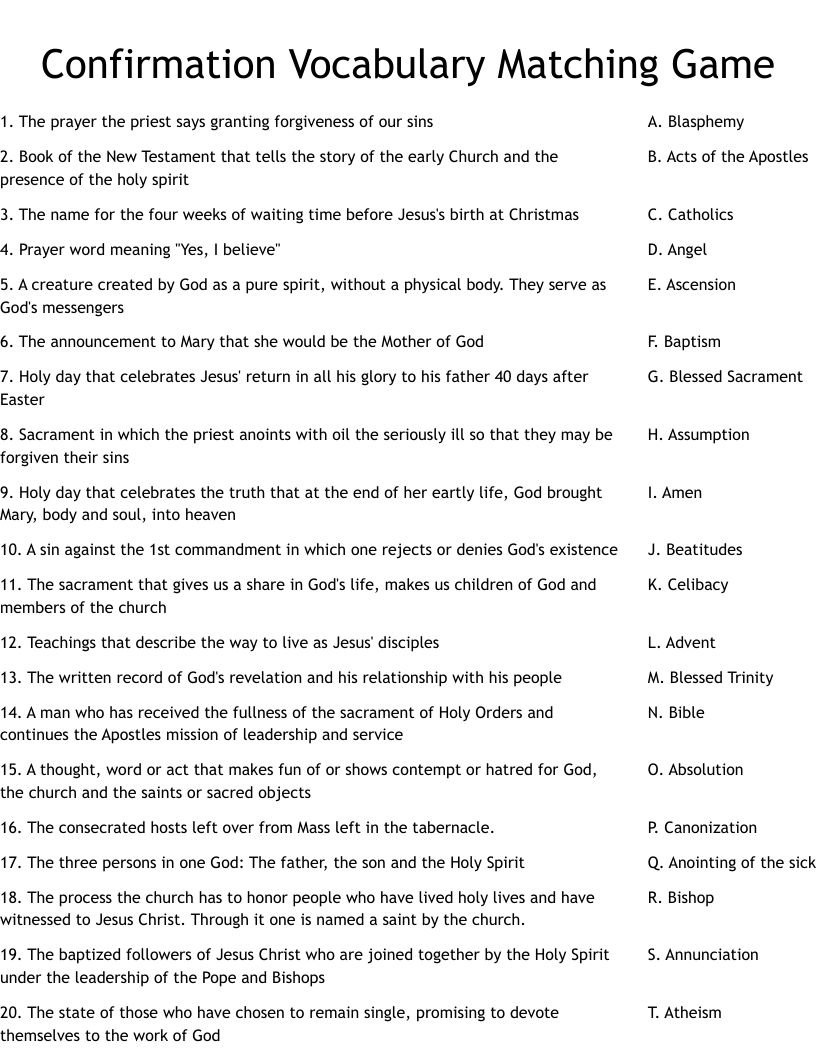 Confirmation Vocabulary Matching Game Worksheet WordMint Confirmation Vocabulary Matching Game Worksheet WordMint
