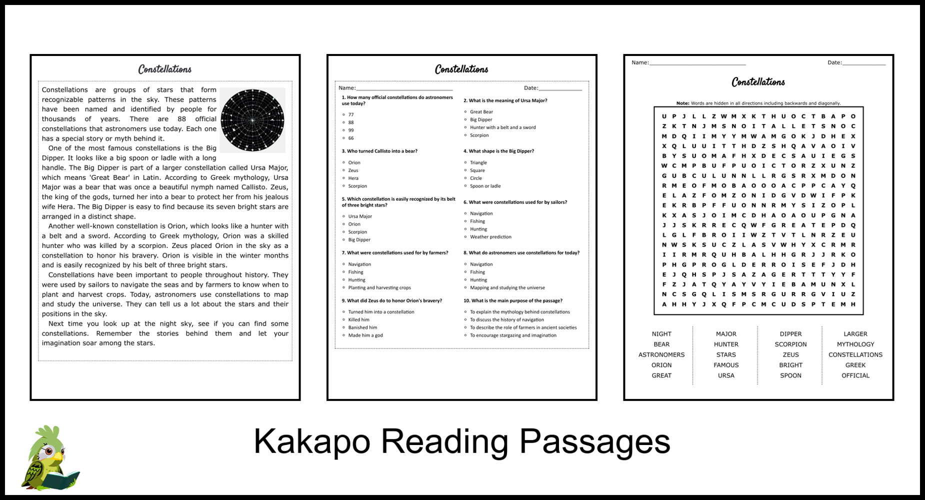 Constellations Reading Comprehension And Word Search Teaching Resources Constellations Reading Comprehension And Word Search Teaching Resources