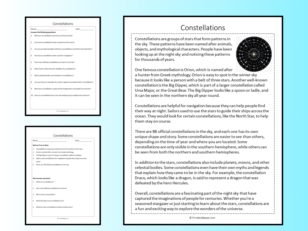 Constellations Reading Comprehension Passage Printable Worksheet Teaching Resources Constellations Reading Comprehension Passage Printable Worksheet Teaching Resources