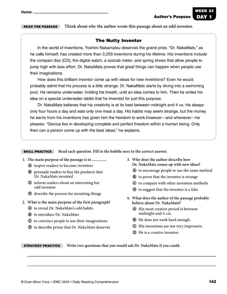 Daily Reading Comprehension Grade 5 Interactive Worksheet Edform Worksheets Library