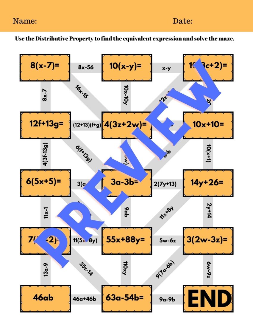 DISTRIBUTIVE PROPERTIES OF EXPRESSIONS Maze Puzzle Middle
