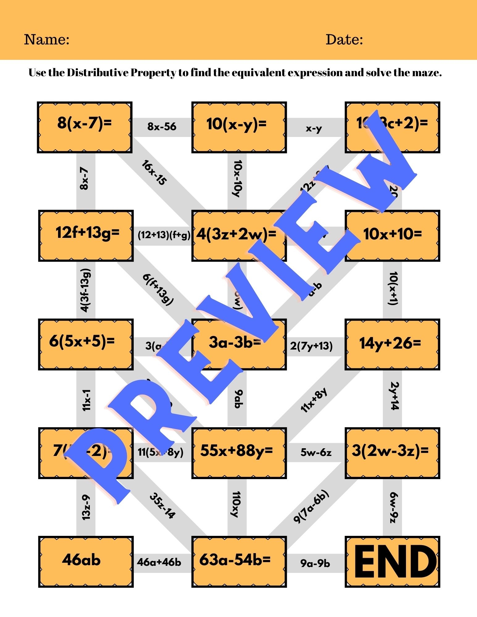 DISTRIBUTIVE PROPERTIES OF EXPRESSIONS Maze Puzzle Middle 