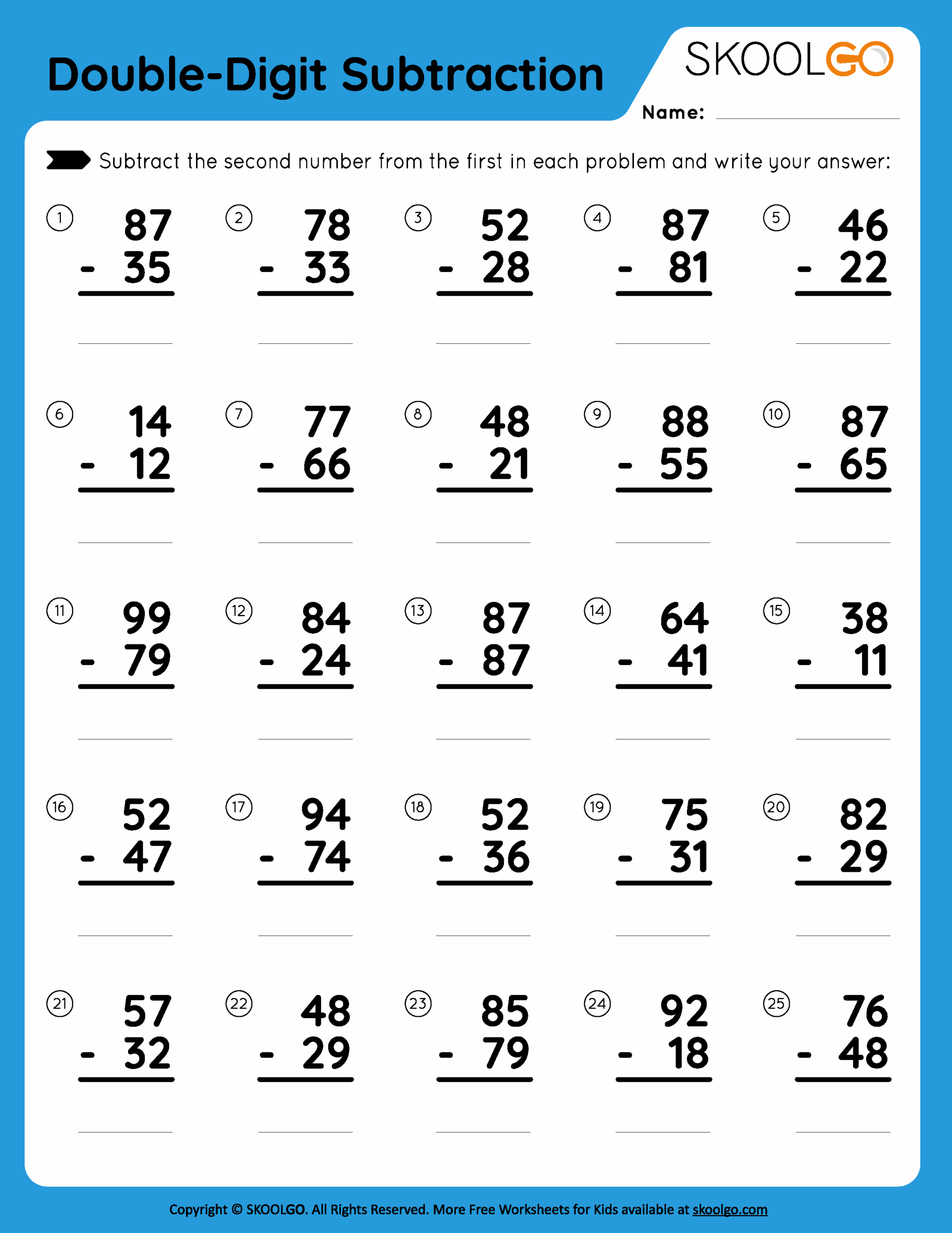 Free Printable Single Digit Subtraction Worksheets