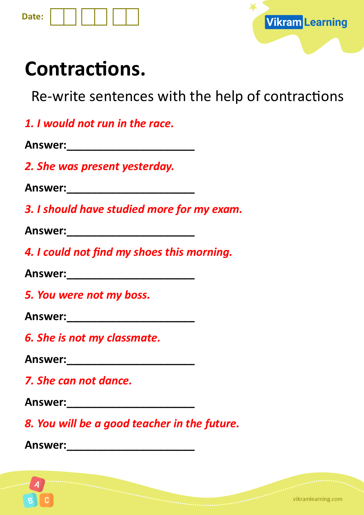 Download Contractions Worksheets For Free Vikramlearning