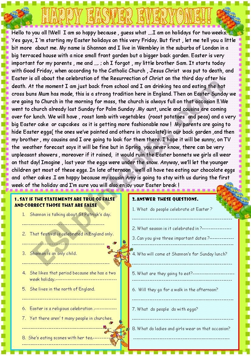 Easter Reading Comprehension ESL Worksheet By Spied d aignel