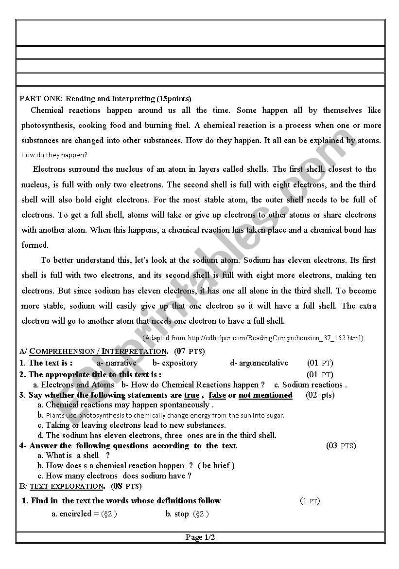 Chemical Reactions Reading Comprehension Worksheet