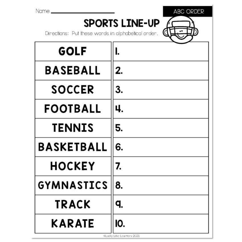 Fall Early Finishers 2nd Grade ELA ABC Order Sports Line