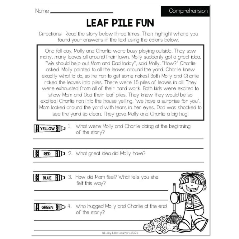 Fall Early Finishers 2nd Grade ELA Comprehension Leaf Pile Worksheets Library