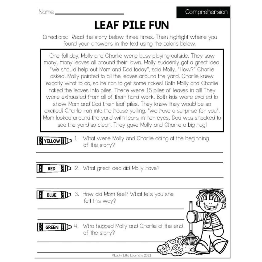 Fall Early Finishers 2nd Grade ELA Comprehension Leaf Pile Worksheets Library