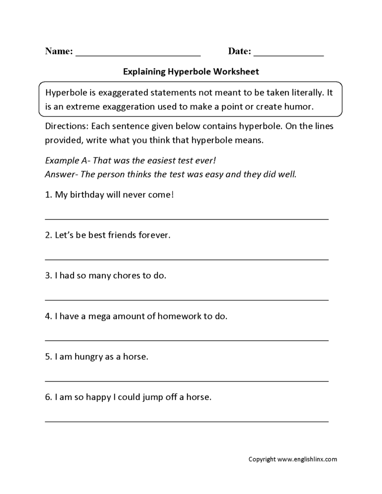 Figurative Language Worksheets Hyperbole Worksheets