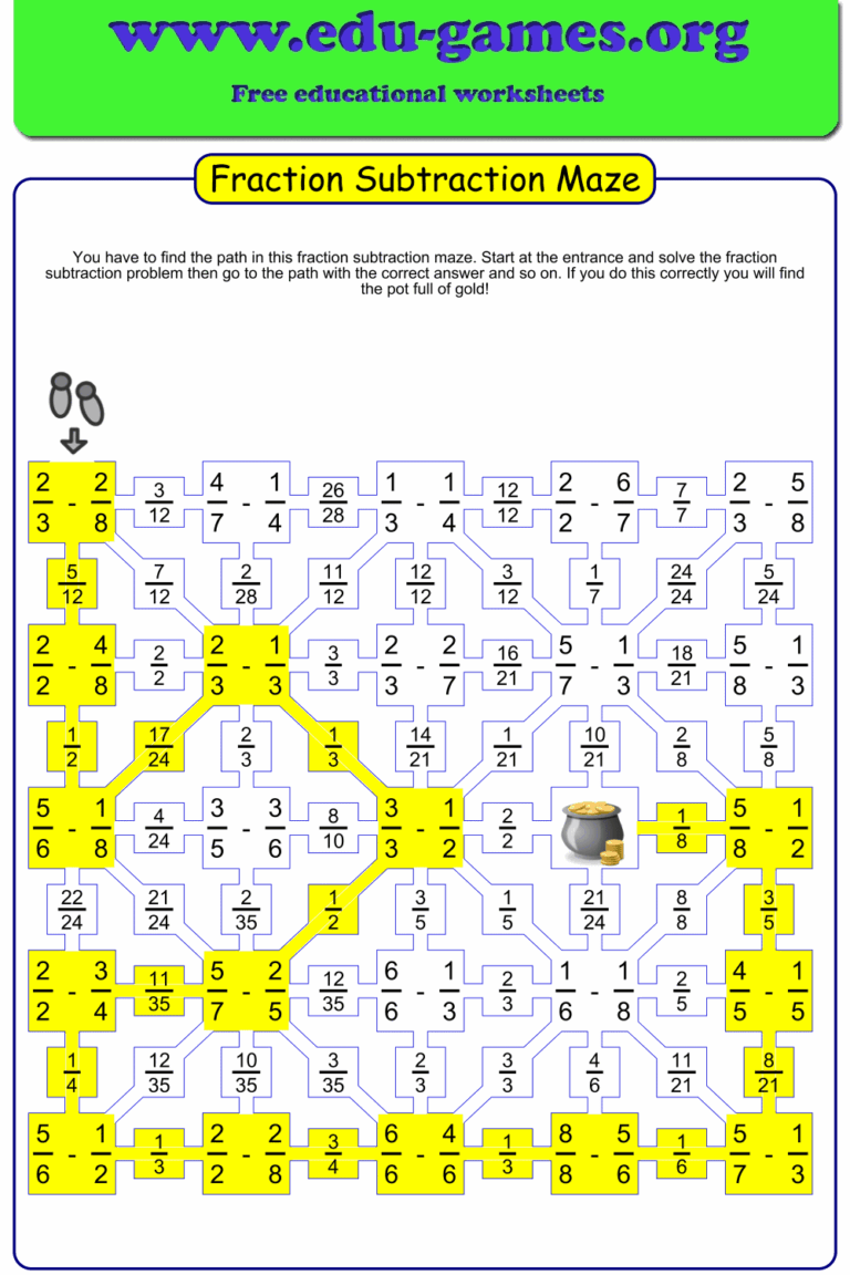 Fraction Subtraction Maze Worksheet Maker With Like And Unlike Denominators 