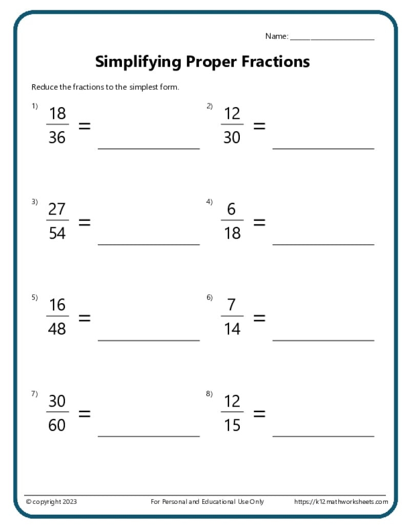 Free Fraction Printable Worksheets