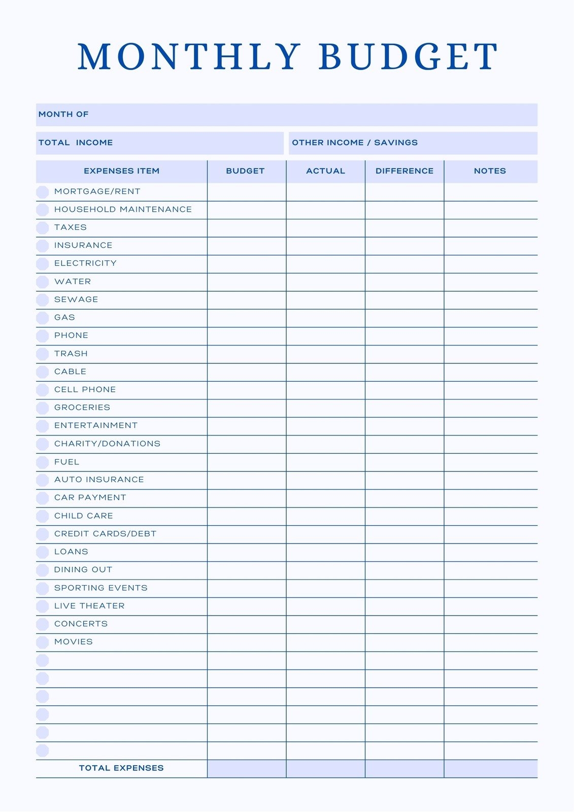 Budget Worksheet Printable Free Pdf