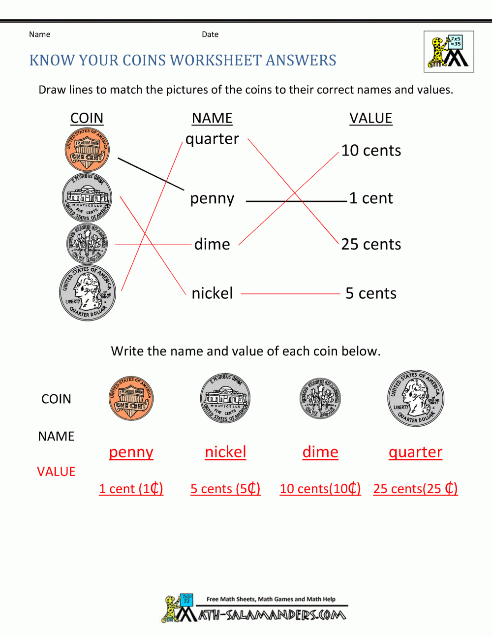 Free Kindergarten Counting Money Worksheets