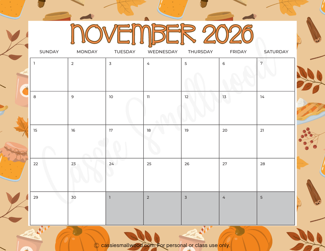November Preschool Calendar 2026 Printable