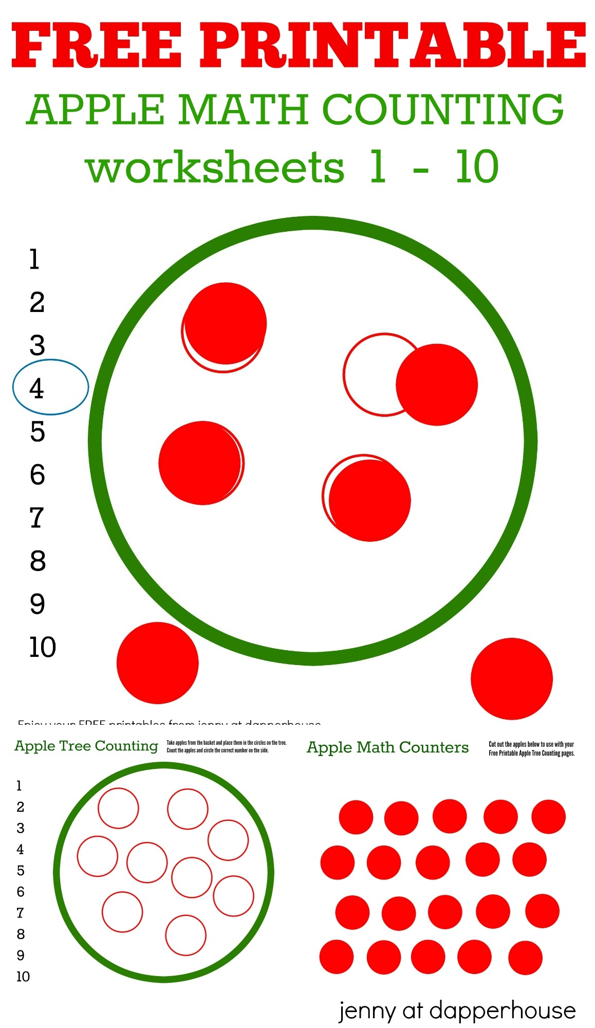 FREE Printable Math Worksheets Apple Tree Counting 1 10 Jenny At Dapperhouse