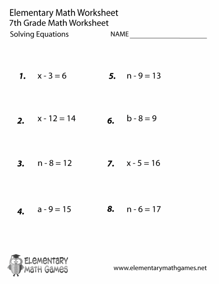 Free Printable Solving Equations Worksheet For Seventh Grade