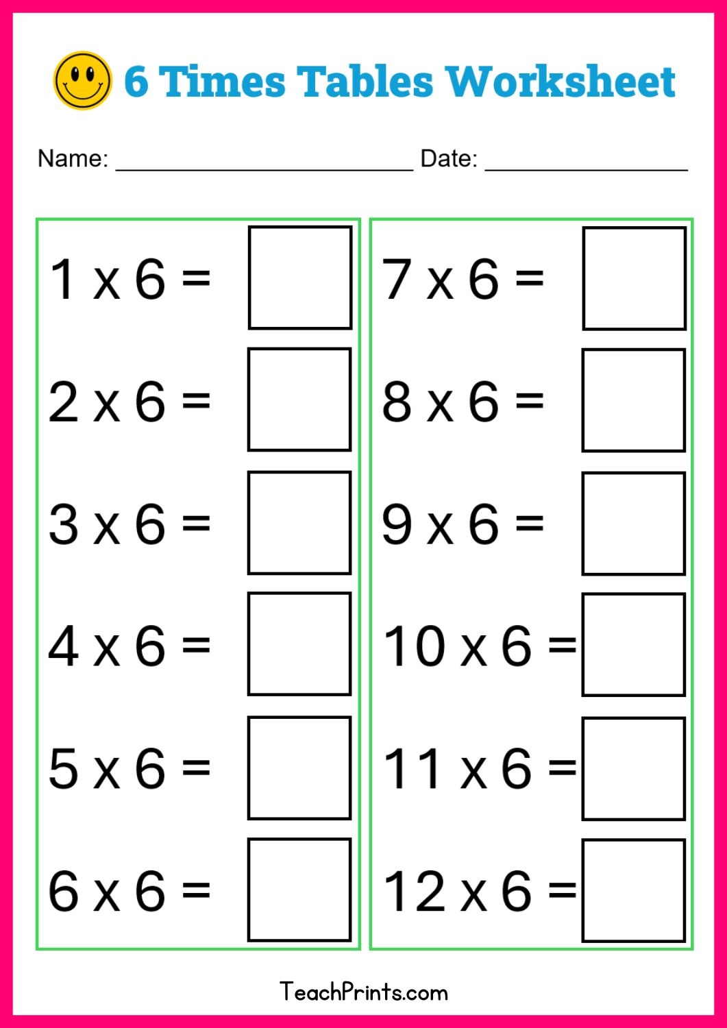 Free Six Times Tables Worksheets 8 Versions Teach Prints