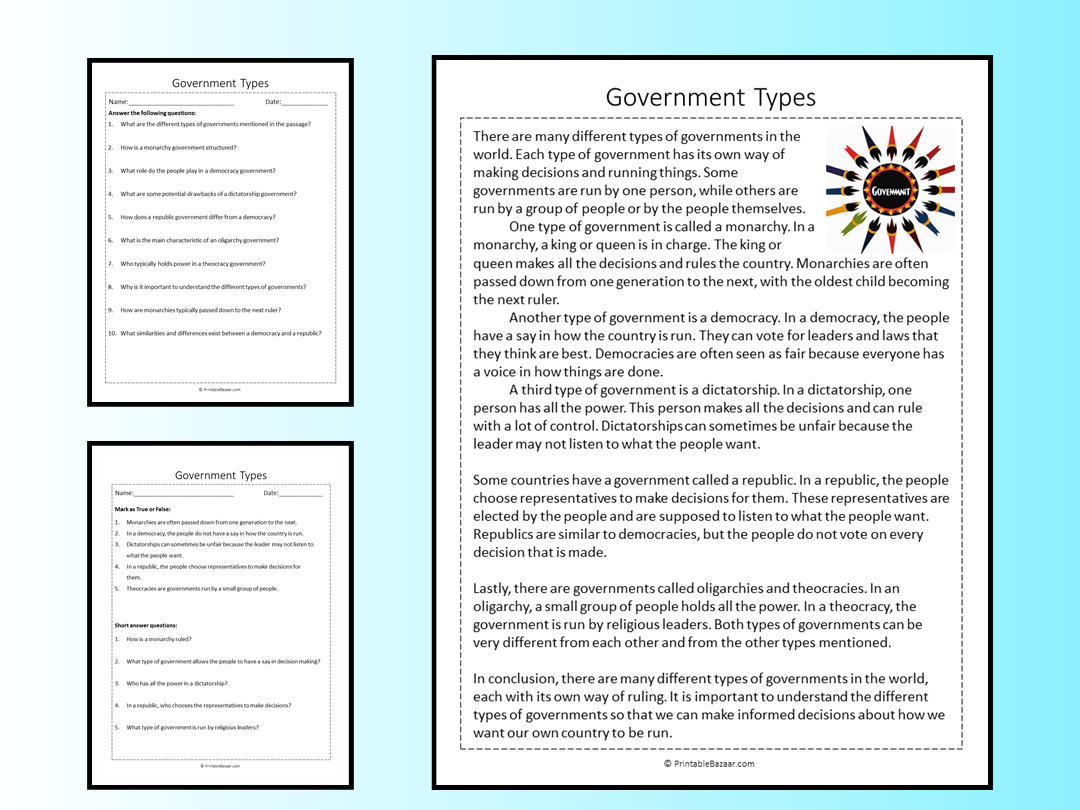 Government Types Reading Comprehension Passage Printable Worksheet Teaching Resources Government Types Reading Comprehension Passage Printable Worksheet Teaching Resources