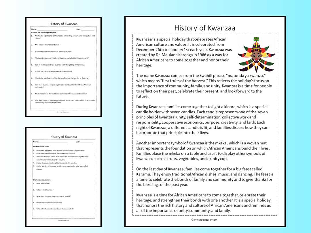 Kwanzaa Comprehension Reading Worksheets