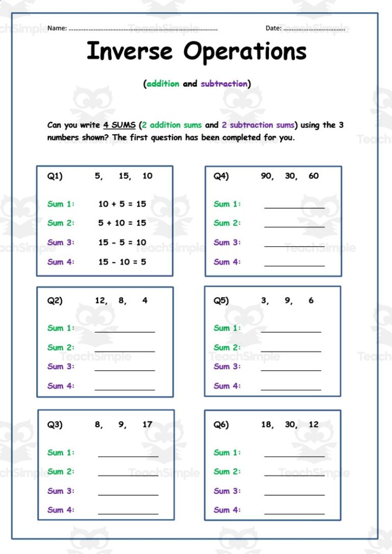 Inverse Operations Addition And Subtraction Worksheet By Teach Simple