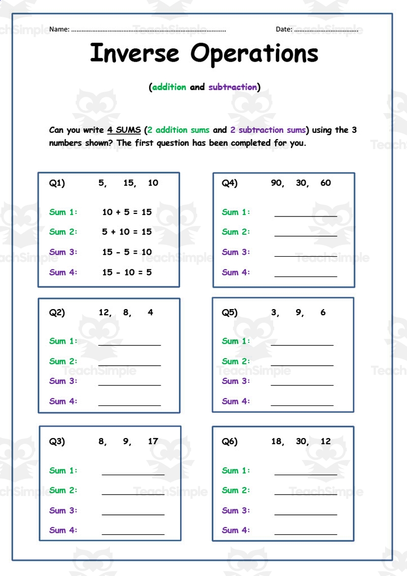 Inverse Operations Addition And Subtraction Worksheet By Teach Simple