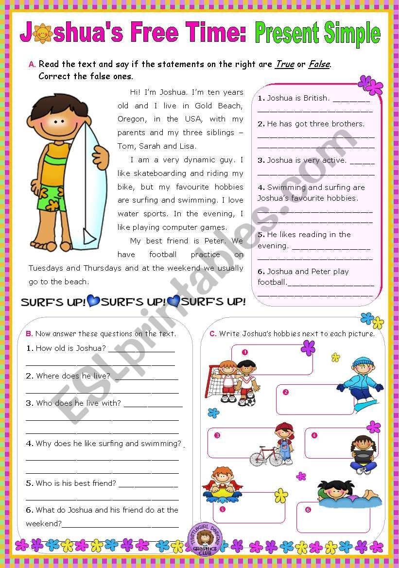 Joshua s Free Time Present Simple Reading Comprehension Leading To Writing ESL Worksheet By Mena22 Joshua s Free Time Present Simple Reading Comprehension Leading To Writing ESL Worksheet By Mena22