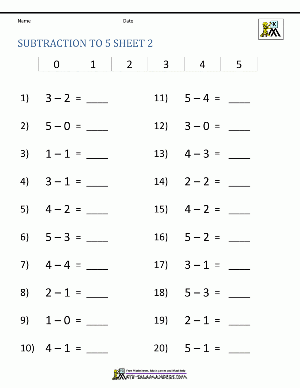 Kindergarten Subtraction Worksheets