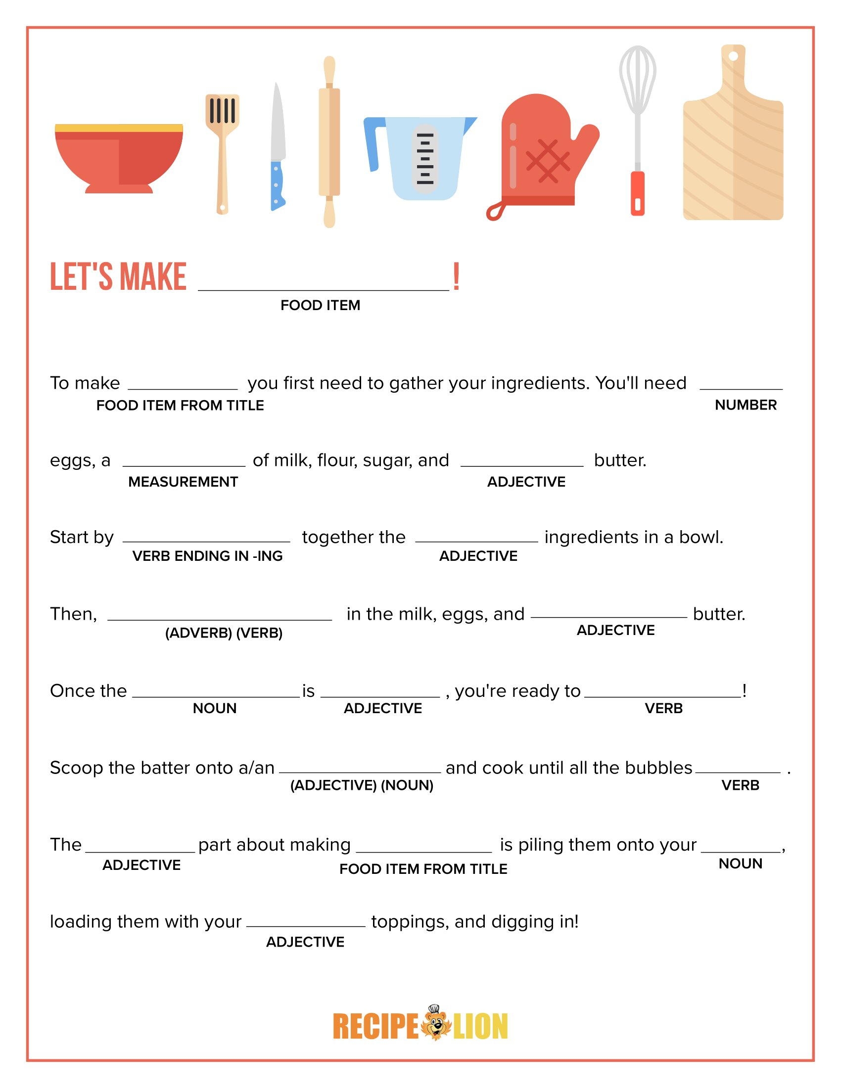Lets Cook Mad Lib Printable RecipeLion Worksheets Library