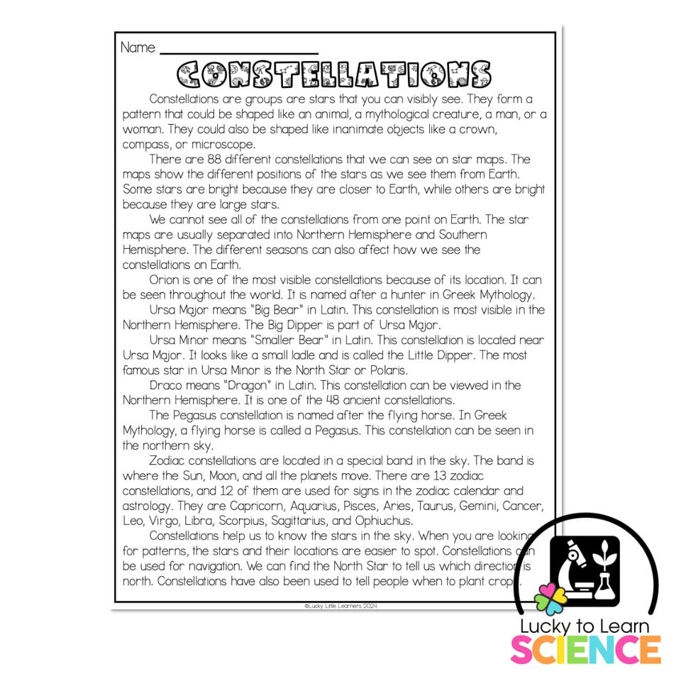 Lucky To Learn Science Constellations Reading Passage Article Lucky Little Learners Lucky To Learn Science Constellations Reading Passage Article Lucky Little Learners