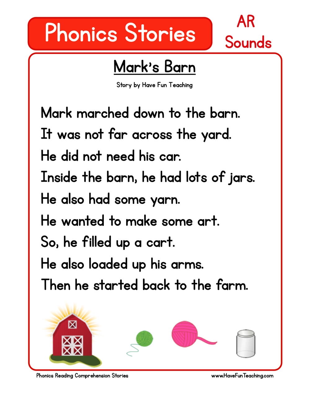 Mark s Barn Phonics Reading Comprehension Story Worksheet AR 