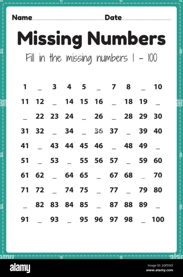 Maths Worksheets Missing Numbers 1 To 100 Printable Sheet For Preschool And Kindergarten Kids Activity To Learn Basic Mathematics Skills Stock Vector Image U0026 Art Alamy