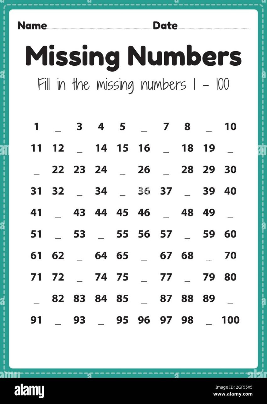 Maths Worksheets Missing Numbers 1 To 100 Printable Sheet For Preschool And Kindergarten Kids Activity To Learn Basic Mathematics Skills Stock Vector Image U0026 Art Alamy
