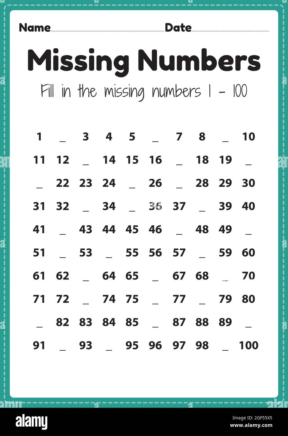 Maths Worksheets Missing Numbers 1 To 100 Printable Sheet For Preschool And Kindergarten Kids Activity To Learn Basic Mathematics Skills Stock Vector Image U0026 Art Alamy Maths Worksheets Missing Numbers 1 To 100 Printable Sheet For Preschool And Kindergarten Kids Activity To Learn Basic Mathematics Skills Stock Vector Image U0026 Art Alamy