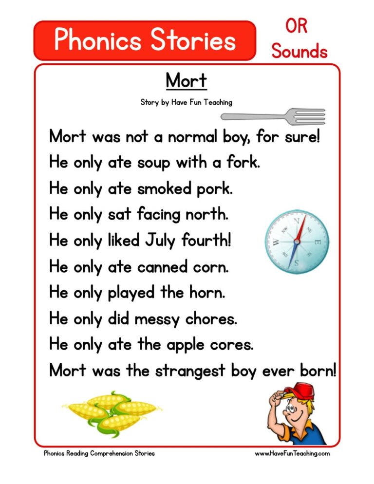 Mort Phonics Reading Comprehension Story Worksheet OR Sound 