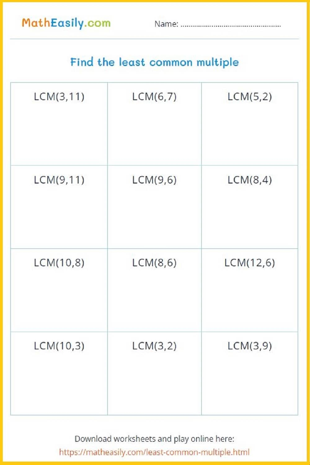 Least Common Multiple Free Printable Worksheets