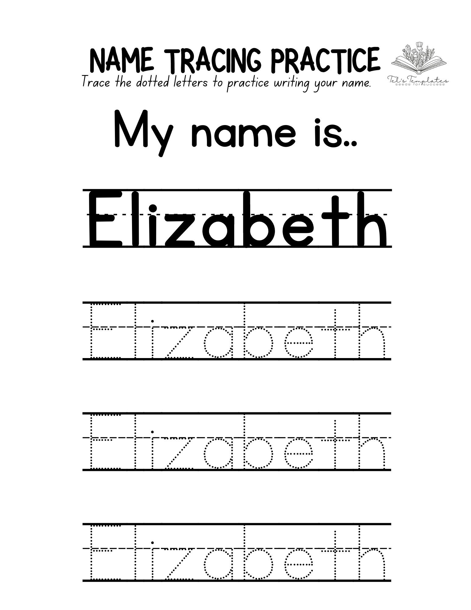 Name Tracing Handwriting Preschool TK Kindergarten Early Learning Penmanship Elementary School Writing Practice Education