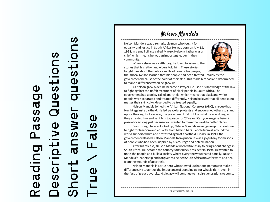 Nelson Mandela Biography Reading Comprehension Passage Printable Worksheet PDF Teaching Resources