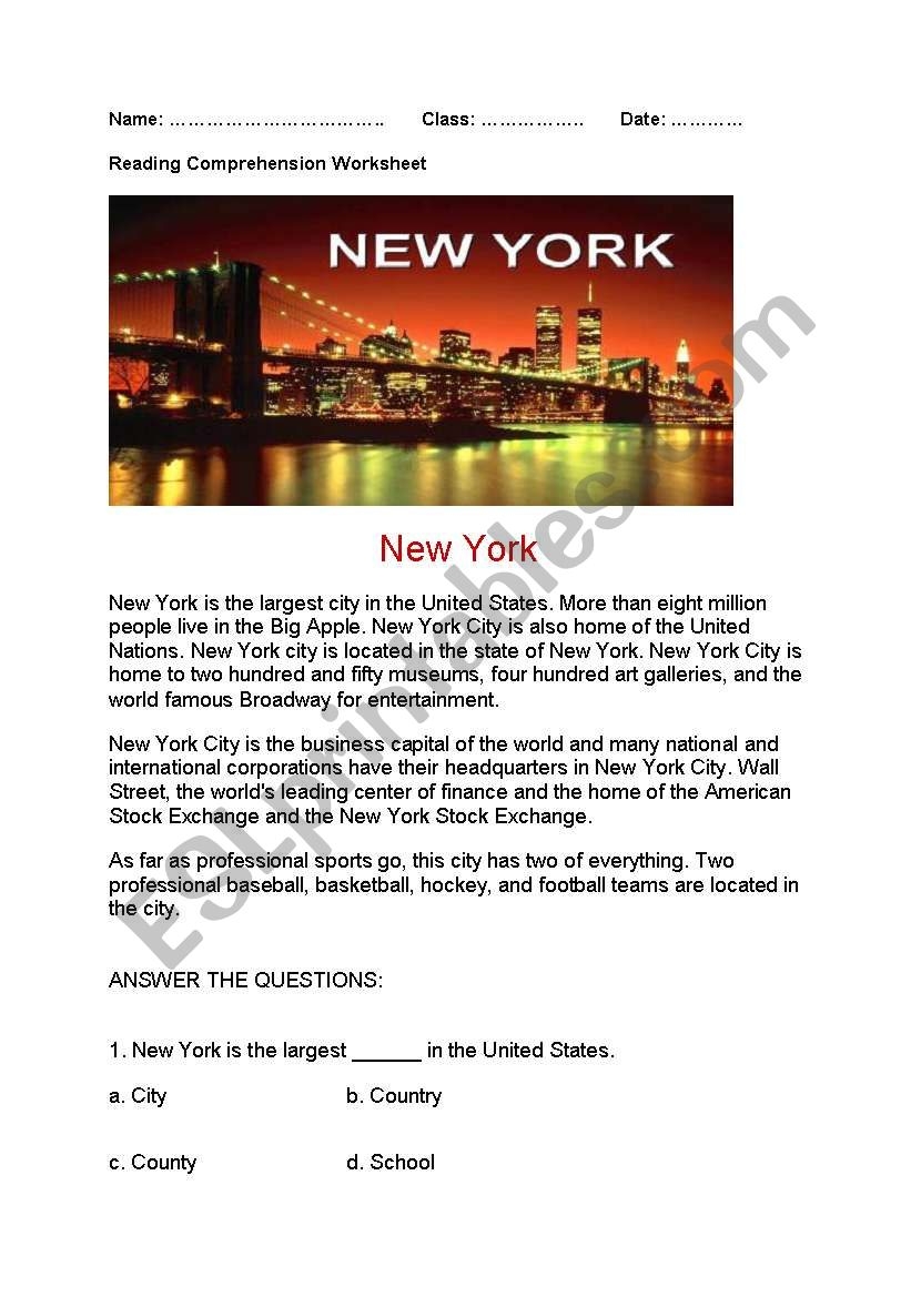 New York State Reading Comprehension Worksheet